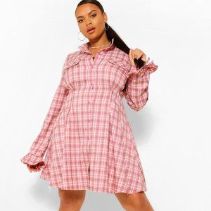 PLUS FLANNEL CINCHED WAIST SKATER SHIRT DRESS